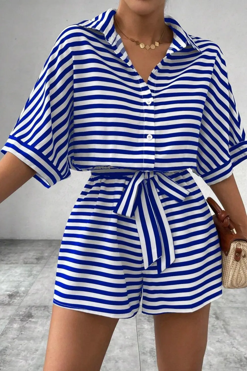 Striped Collared Neck Tie Waist Romper sold by Charming Charlie product image thumbnail 5