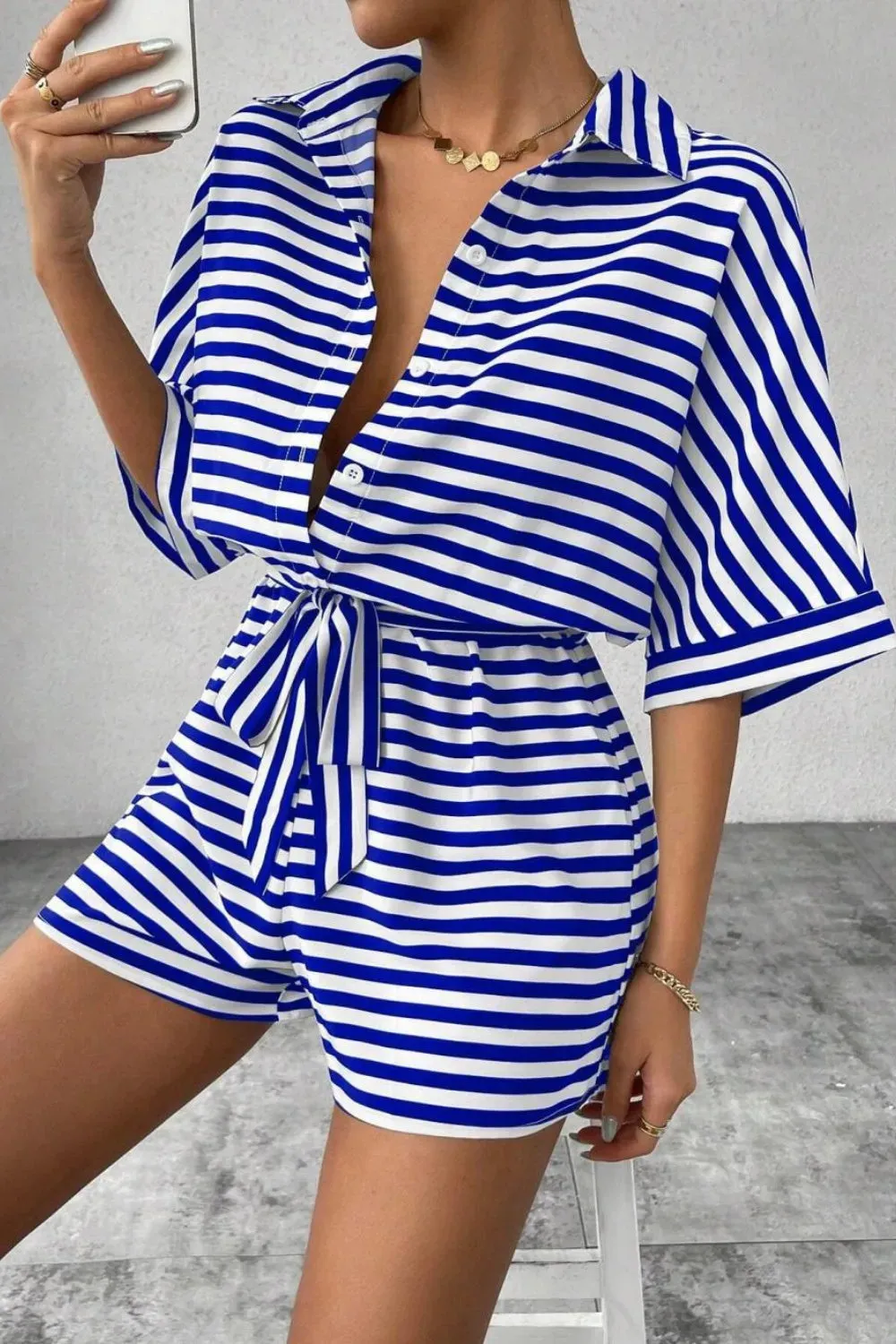 Striped Collared Neck Tie Waist Romper sold by Charming Charlie product image thumbnail 3