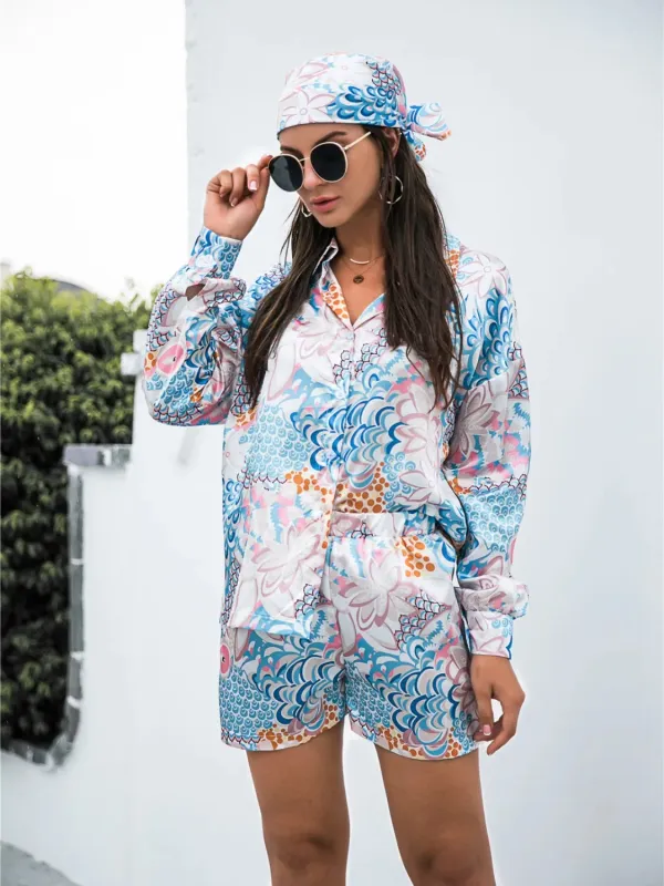Printed Button Up Long Sleeve Shirt and Shorts Set sold by Charming Charlie