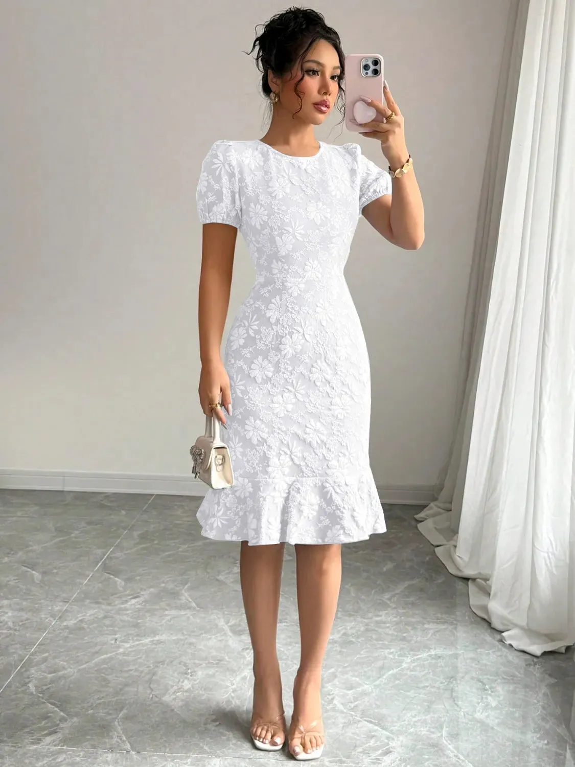 Ruffled Hem Flower Round Neck Short Sleeve Dress sold by Charming Charlie product image thumbnail 4