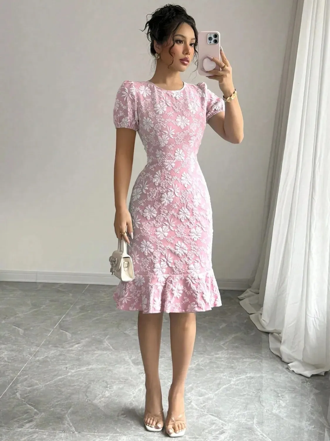 Ruffled Hem Flower Round Neck Short Sleeve Dress sold by Charming Charlie
