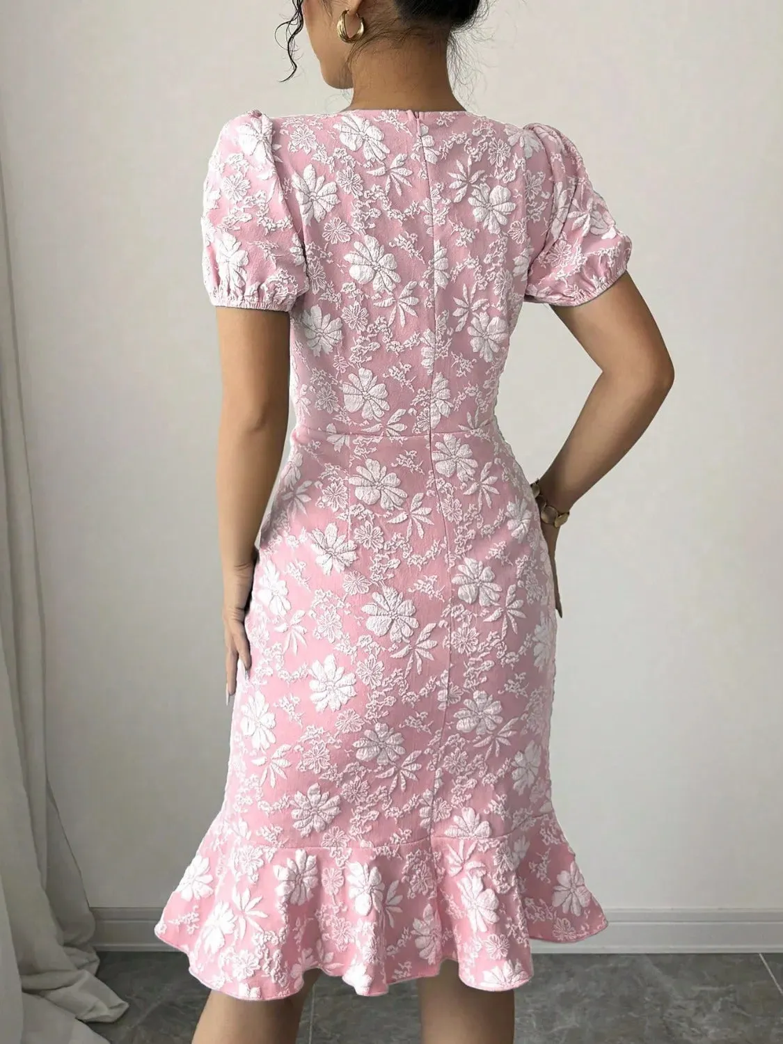 Ruffled Hem Flower Round Neck Short Sleeve Dress sold by Charming Charlie product image thumbnail 2