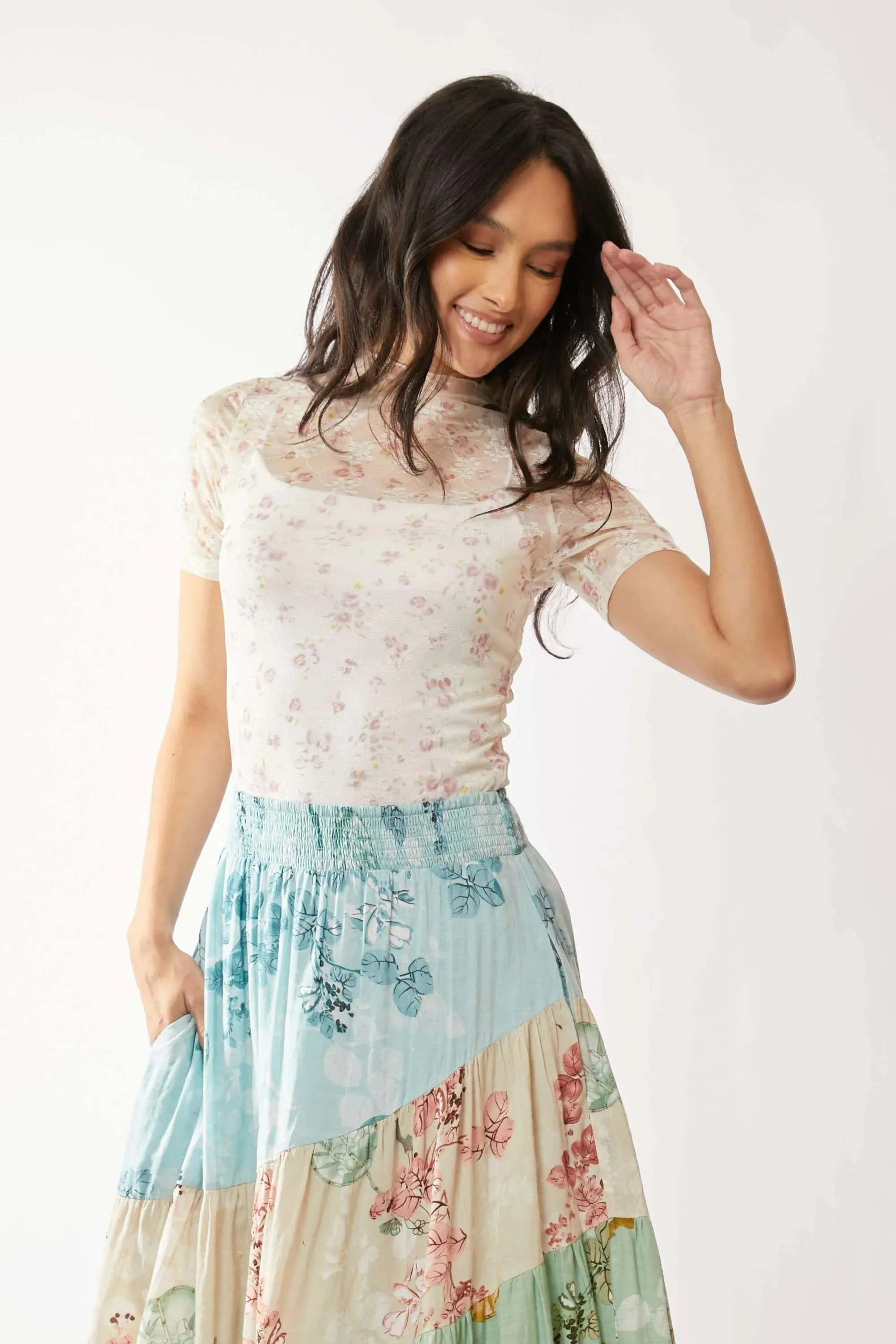 Davi & Dani Floral Mesh Mock Neck Short Sleeve Top sold by Charming Charlie product image thumbnail 3