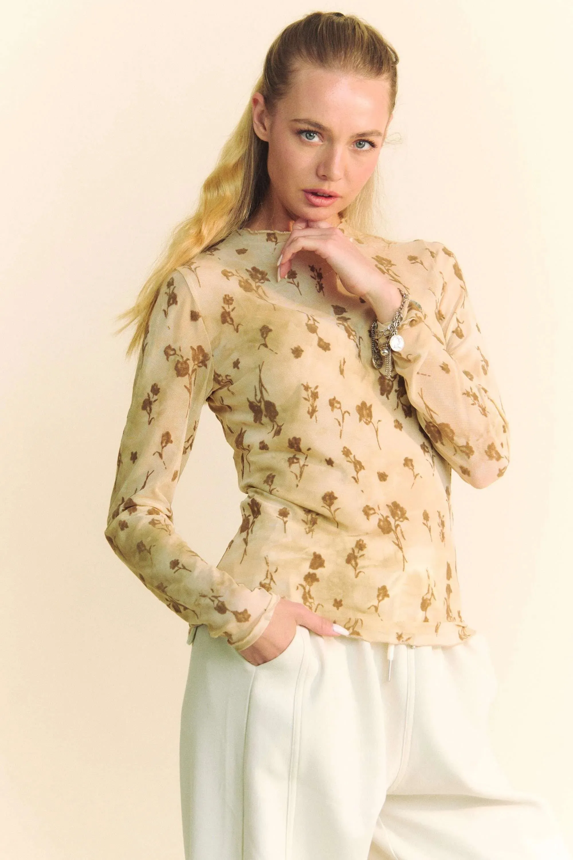 Davi & Dani Floral Mesh Long Sleeve Sheer Layering Top sold by Charming Charlie