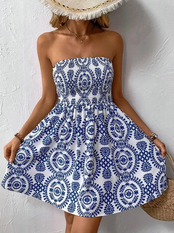 Smocked Printed Tube Mini Dress sold by Charming Charlie