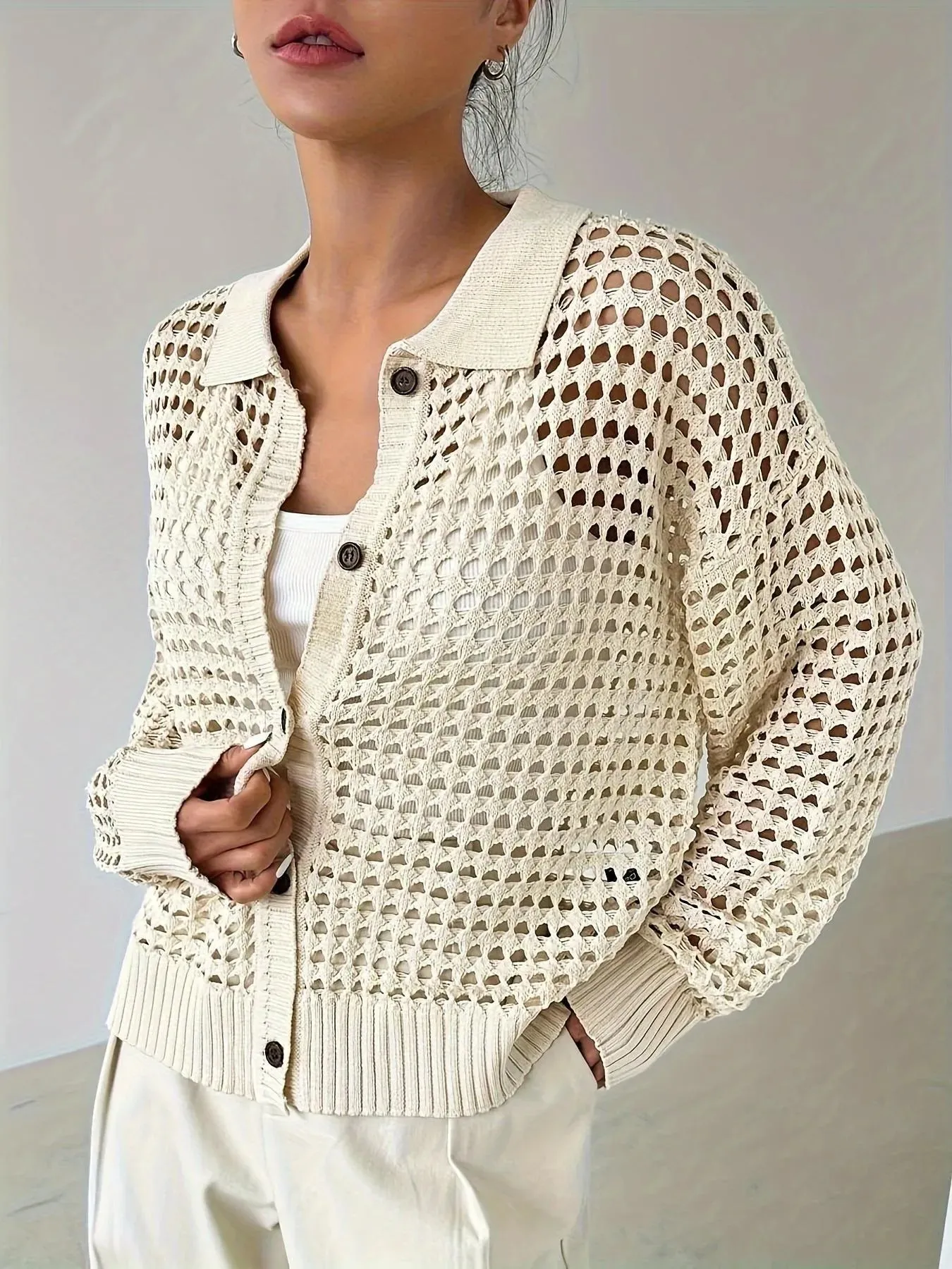 Hollow Out Knit Button Front Cardigan sold by Charming Charlie product image thumbnail 5