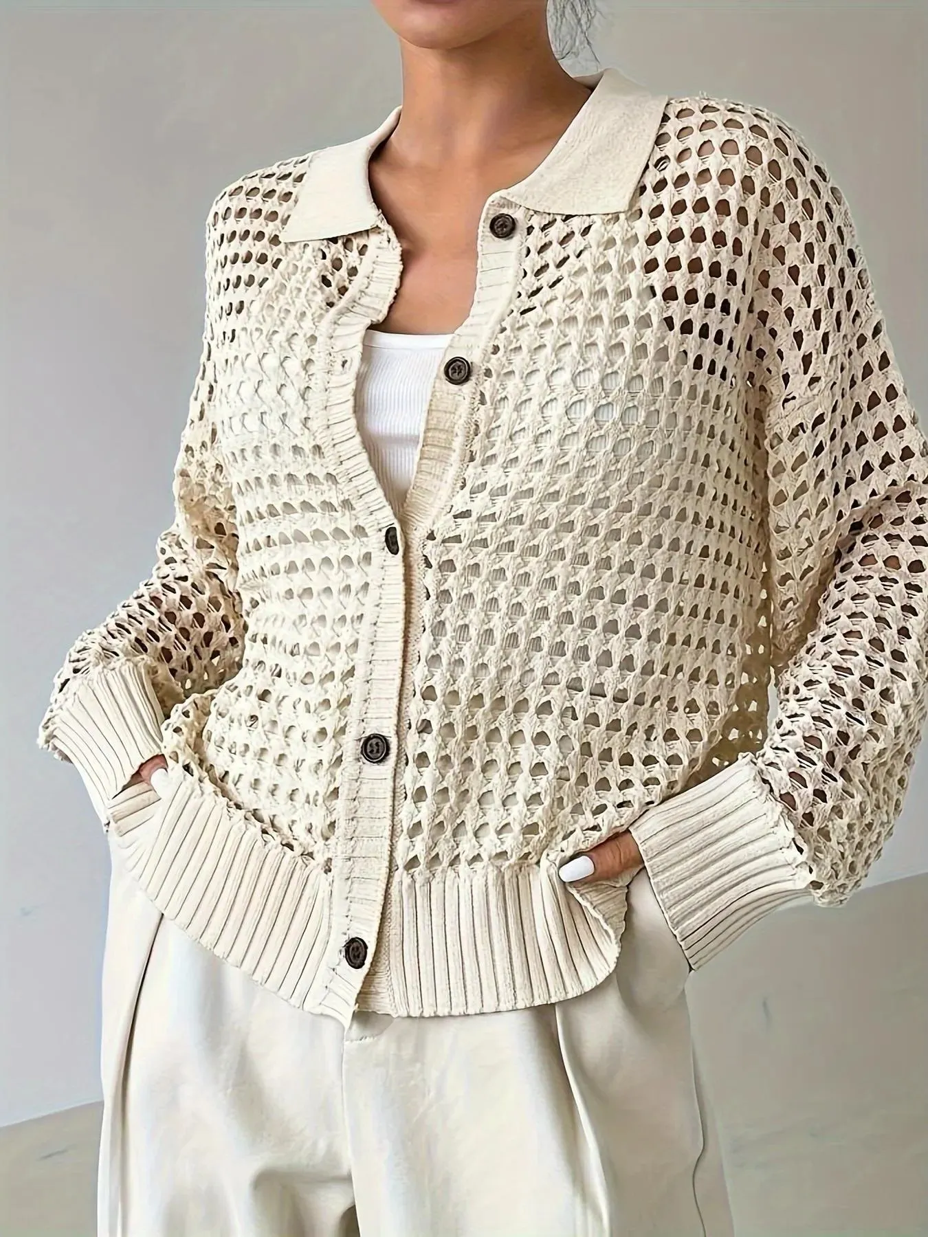 Hollow Out Knit Button Front Cardigan sold by Charming Charlie product image thumbnail 4