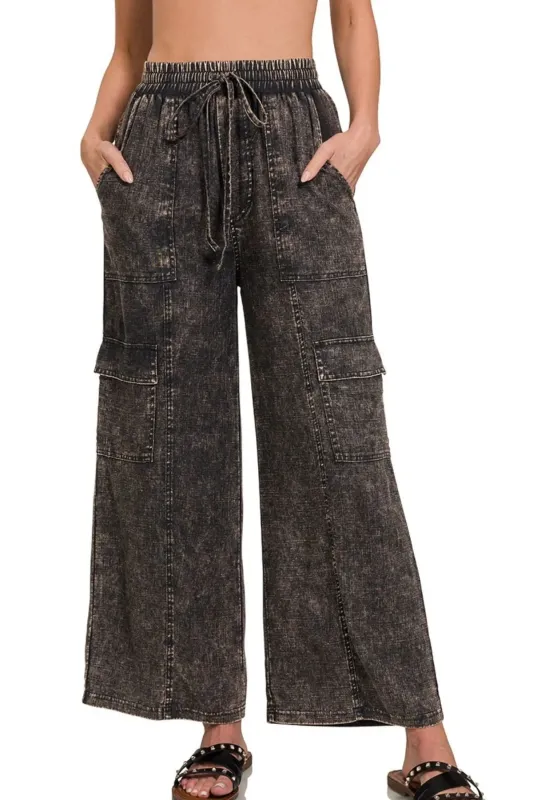 Zenana Washed Linen Elastic Band Waist Cargo Pants sold by Charming Charlie