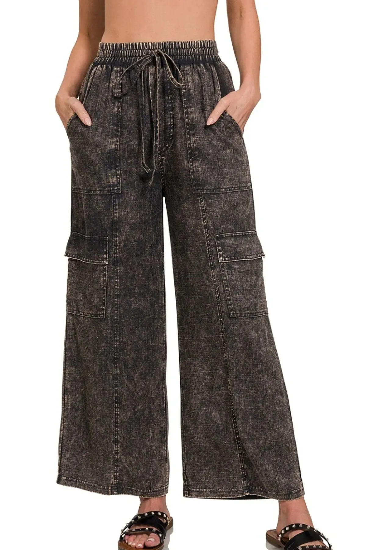 Zenana Washed Linen Elastic Band Waist Cargo Pants sold by Charming Charlie