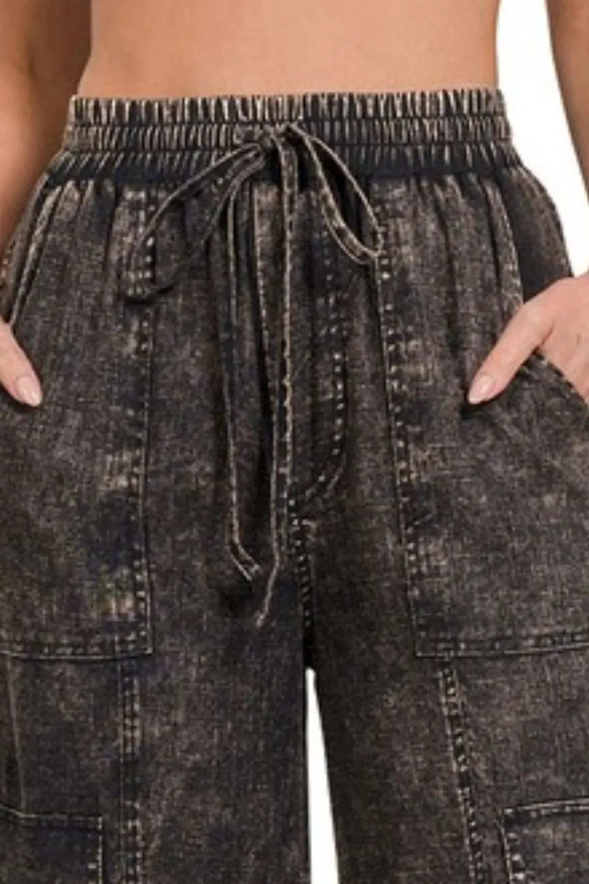 Zenana Washed Linen Elastic Band Waist Cargo Pants sold by Charming Charlie product image thumbnail 3