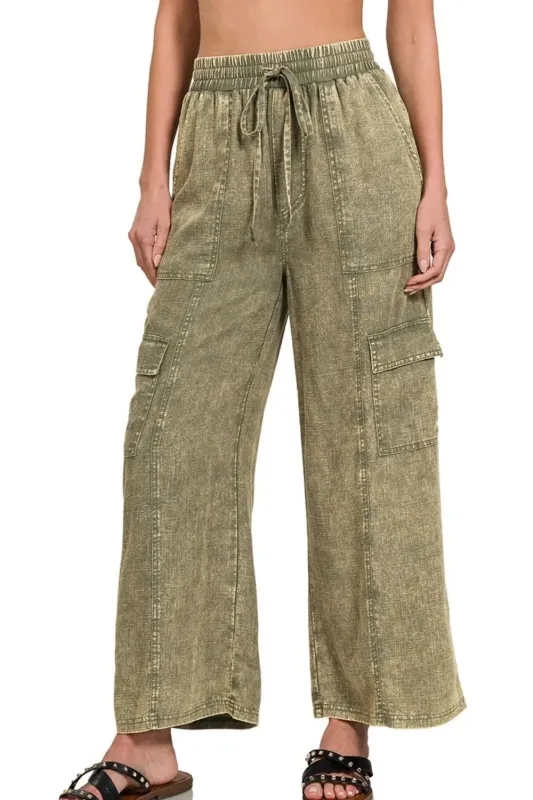 Zenana Washed Linen Elastic Band Waist Cargo Pants sold by Charming Charlie