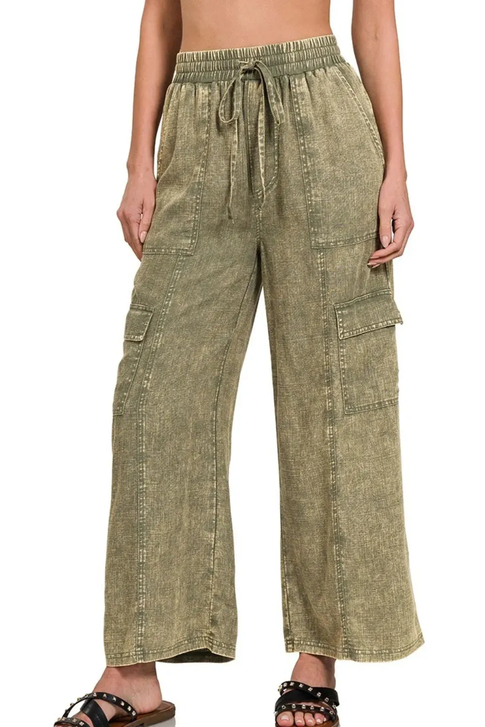 Zenana Washed Linen Elastic Band Waist Cargo Pants sold by Charming Charlie
