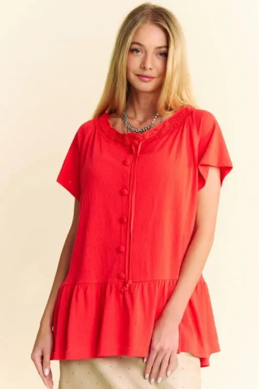 Davi & Dani Solid Lace Trim Neck Short Sleeve Peplum Top sold by Charming Charlie