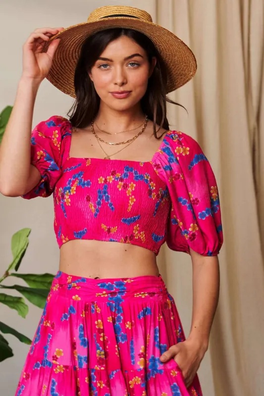 Davi & Dani Smocing Bodice Puff Short Sleeve Printed Crop Top sold by Charming Charlie