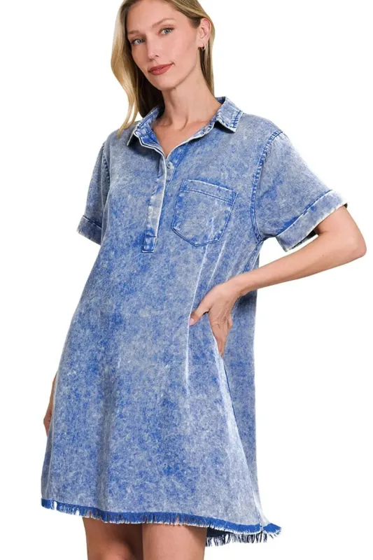 Zenana Tencel Mineral Washed Collared Shirts Dress sold by Charming Charlie