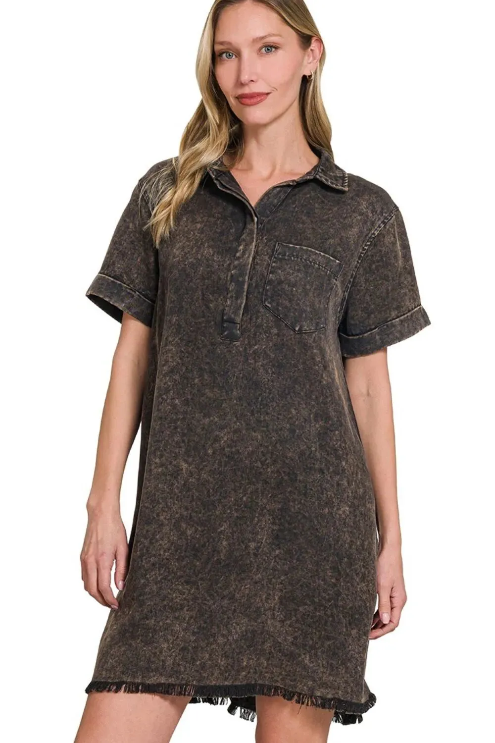 Zenana Tencel Mineral Washed Collared Shirts Dress sold by Charming Charlie