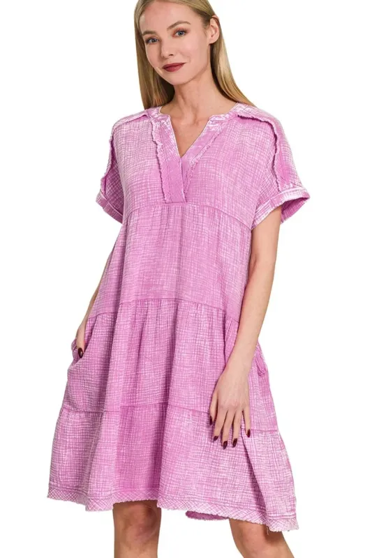 Zenana Washed Double Gauze Raw Edge V-neck Dress sold by Charming Charlie