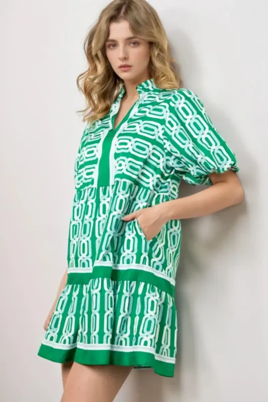 Abstract Patterned V Neck Puff Short Sleeve Mini Dress sold by Charming Charlie