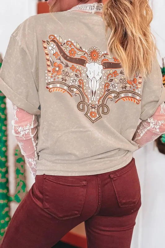 Mineral Wash Floral Steer Head Printed Back Western Fashion Tee sold by Charming Charlie
