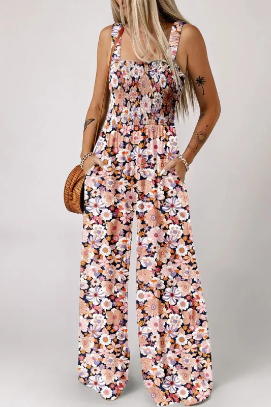 Floral Print Smocked High Waist Square Neck Jumpsuit sold by Charming Charlie