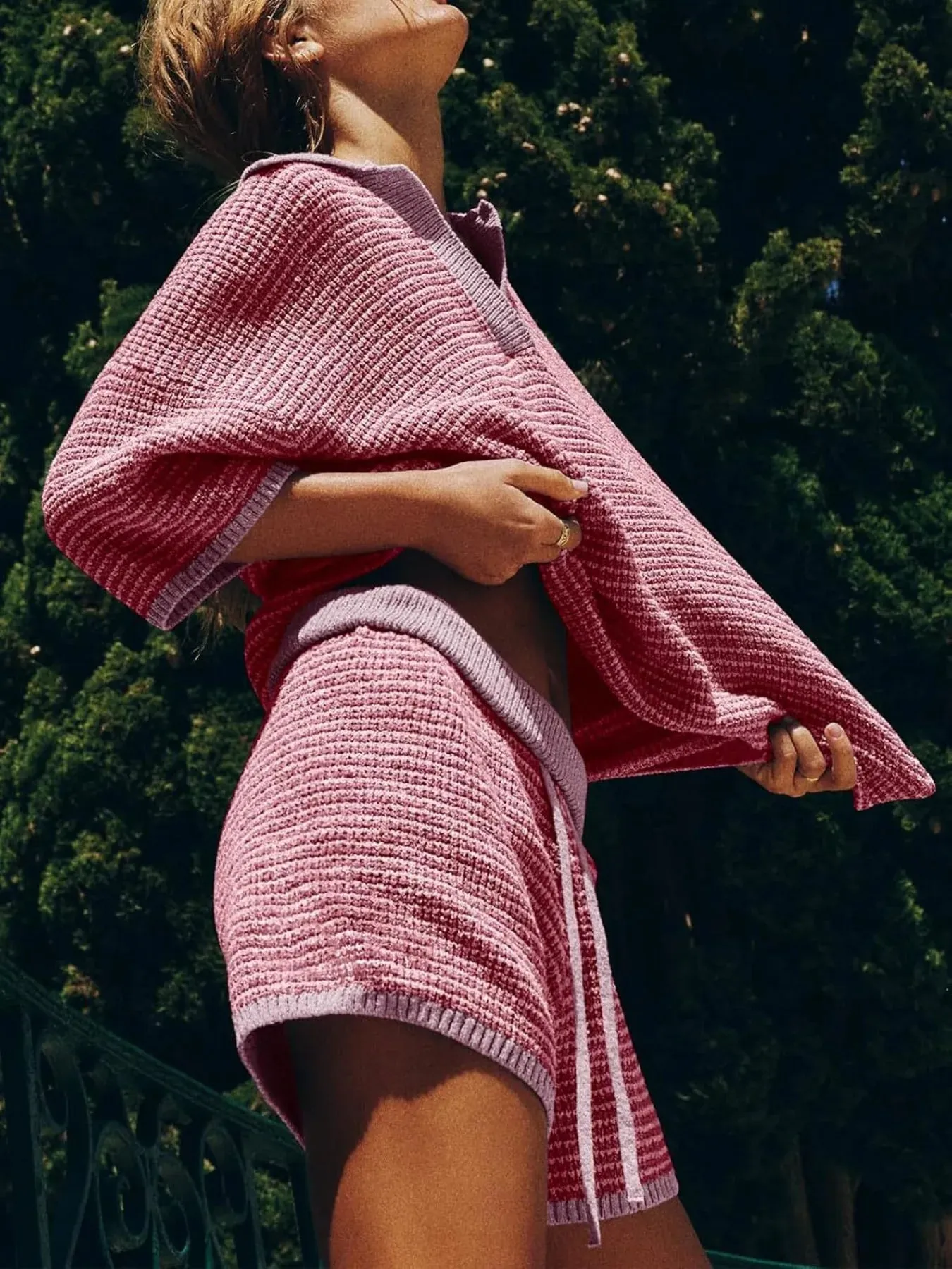 Collared Neck Contrast Striped Top and Shorts Sweater Set sold by Charming Charlie product image thumbnail 2