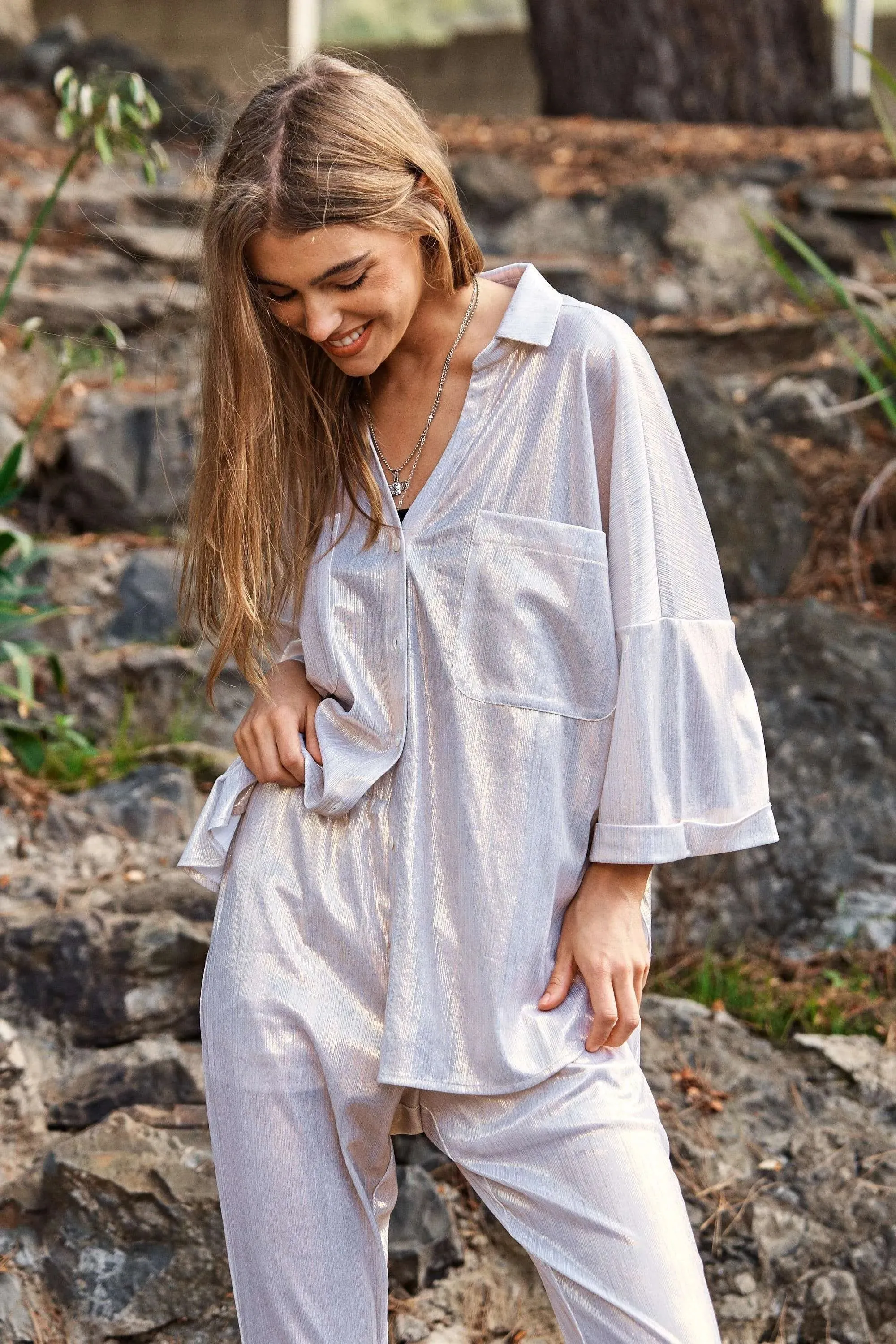 Davi & Dani Solid Sparkling Shimmer Pocket Button Front Shirt sold by Charming Charlie product image thumbnail 4