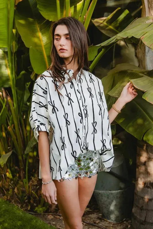 BiBi Bow Ribbon Woven Printed Button Down Shirt sold by Charming Charlie product image thumbnail 4