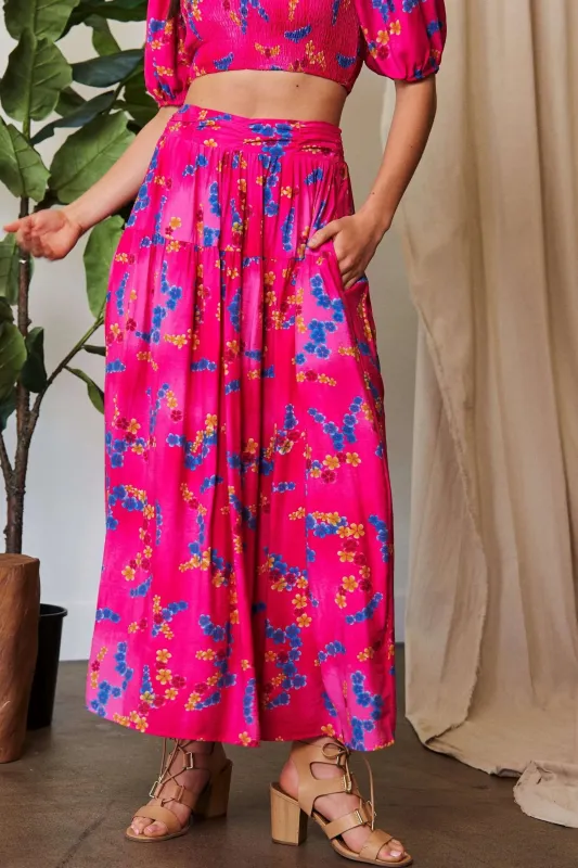 Davi & Dani Printed Smocking Waistband Ruffled Maxi Skirt sold by Charming Charlie