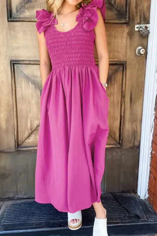 Solid Color Ruffled Straps Smocked Ruched Maxi Dress sold by Charming Charlie