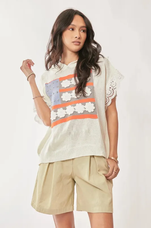 Davi & Dani American Flag Loose Fit Lace Sleeve Hoodie Top sold by Charming Charlie