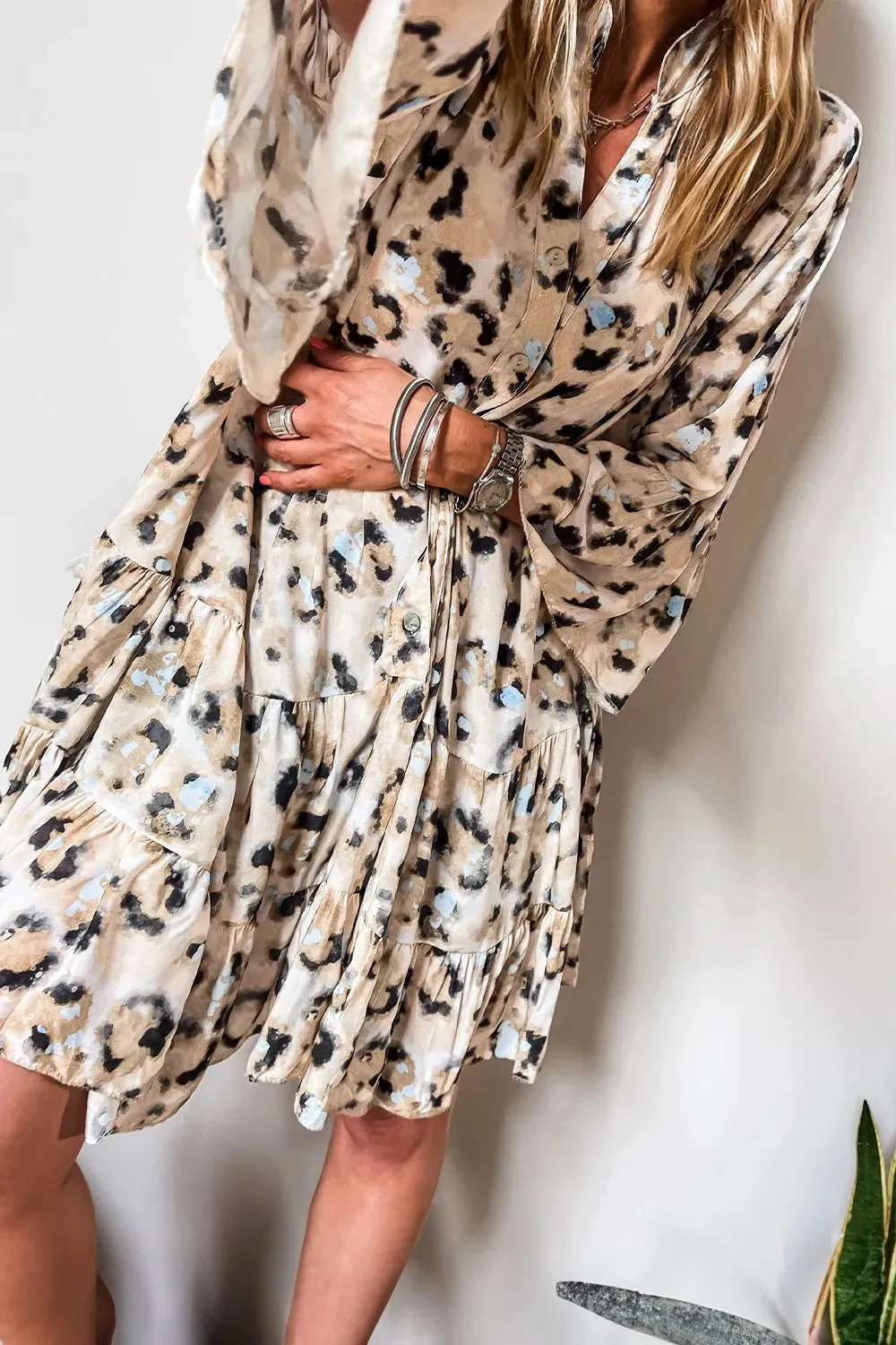 Leopard Print Buttoned Front 3/4 Sleeve Tiered Ruffled Hem Dress sold by Charming Charlie product image thumbnail 2