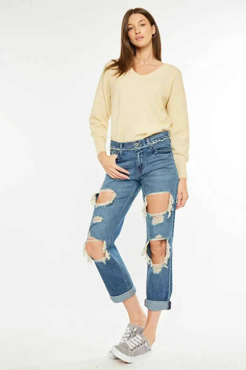 Kancan Distressed Mid Rise True Boyfriend Jeans sold by Charming Charlie product image thumbnail 2