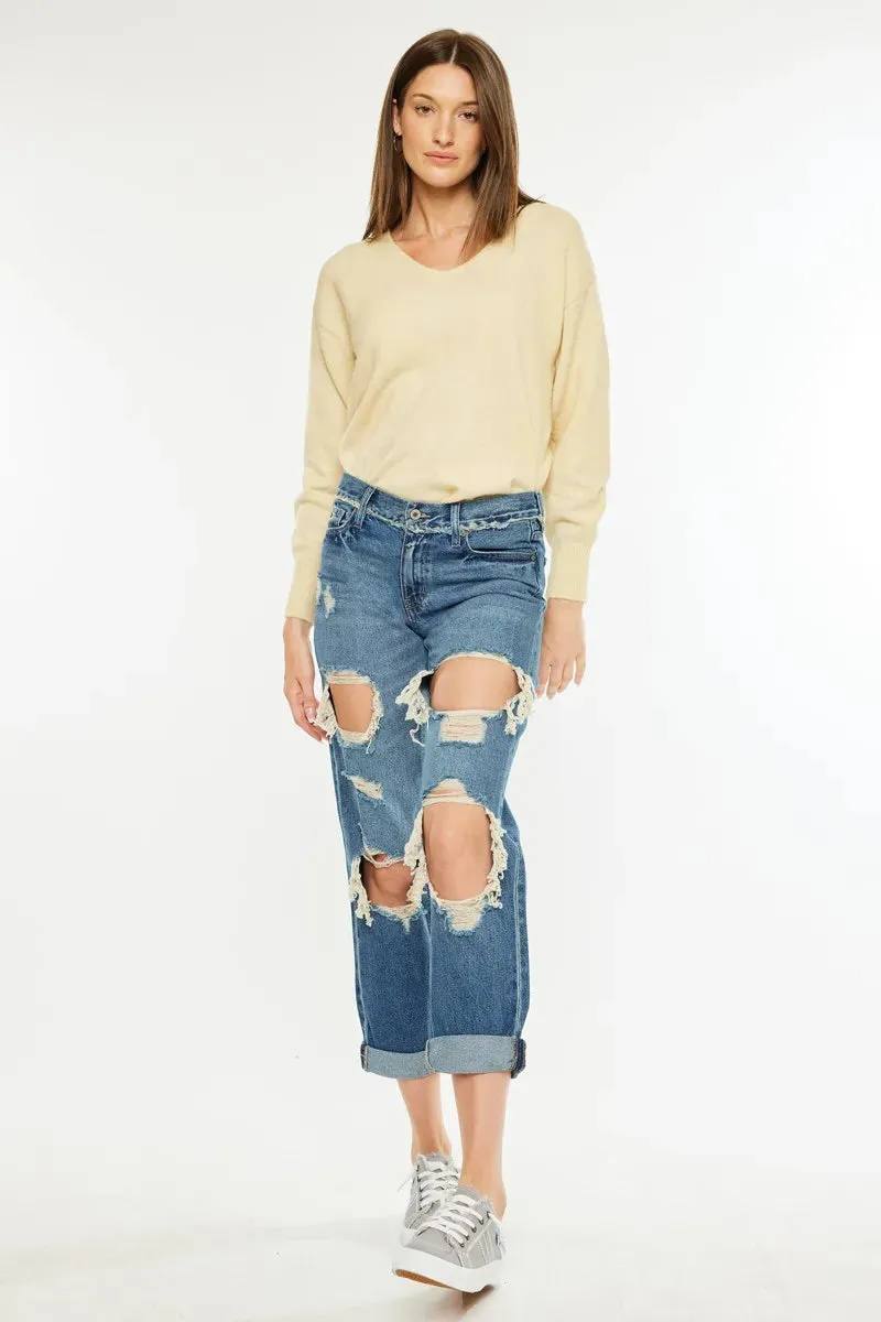 Kancan Distressed Mid Rise True Boyfriend Jeans sold by Charming Charlie product image thumbnail 3