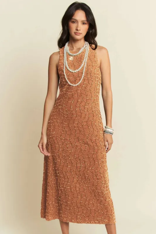 Davi & Dani Golden Textured Zippered Midi Dress sold by Charming Charlie