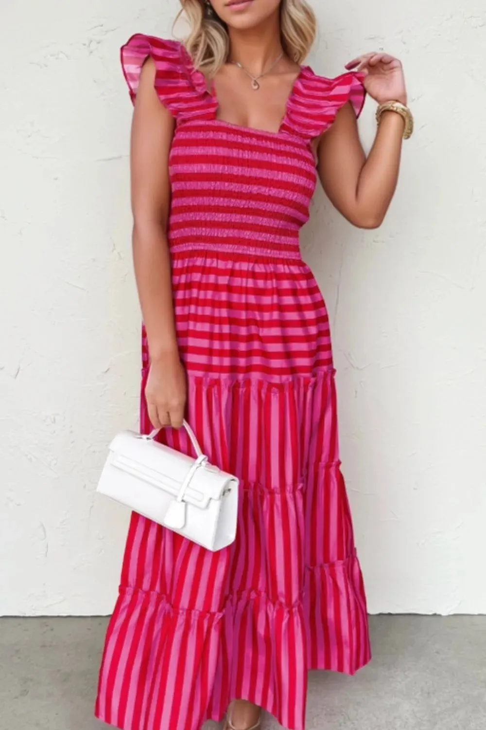 Stripe Flutter Sleeve Smocked Bodice Tiered Maxi Dress sold by Charming Charlie