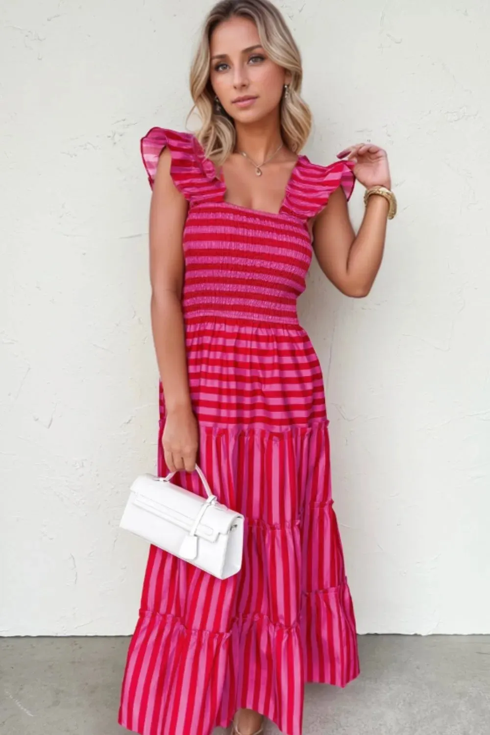 Stripe Flutter Sleeve Smocked Bodice Tiered Maxi Dress sold by Charming Charlie product image thumbnail 2