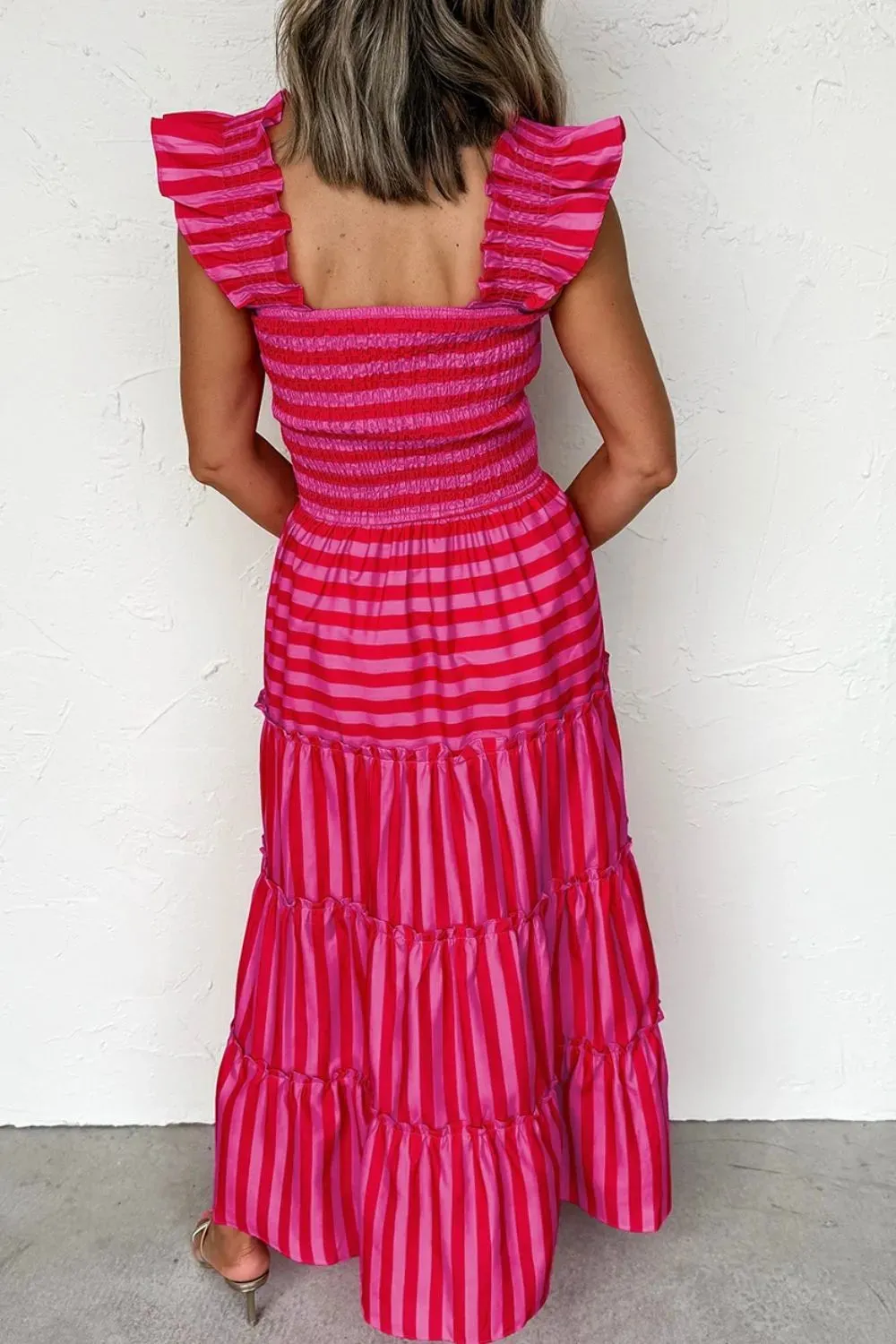 Stripe Flutter Sleeve Smocked Bodice Tiered Maxi Dress sold by Charming Charlie product image thumbnail 3