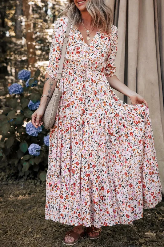 Boho Half Sleeve Floral V Neck Maxi Dress sold by Charming Charlie