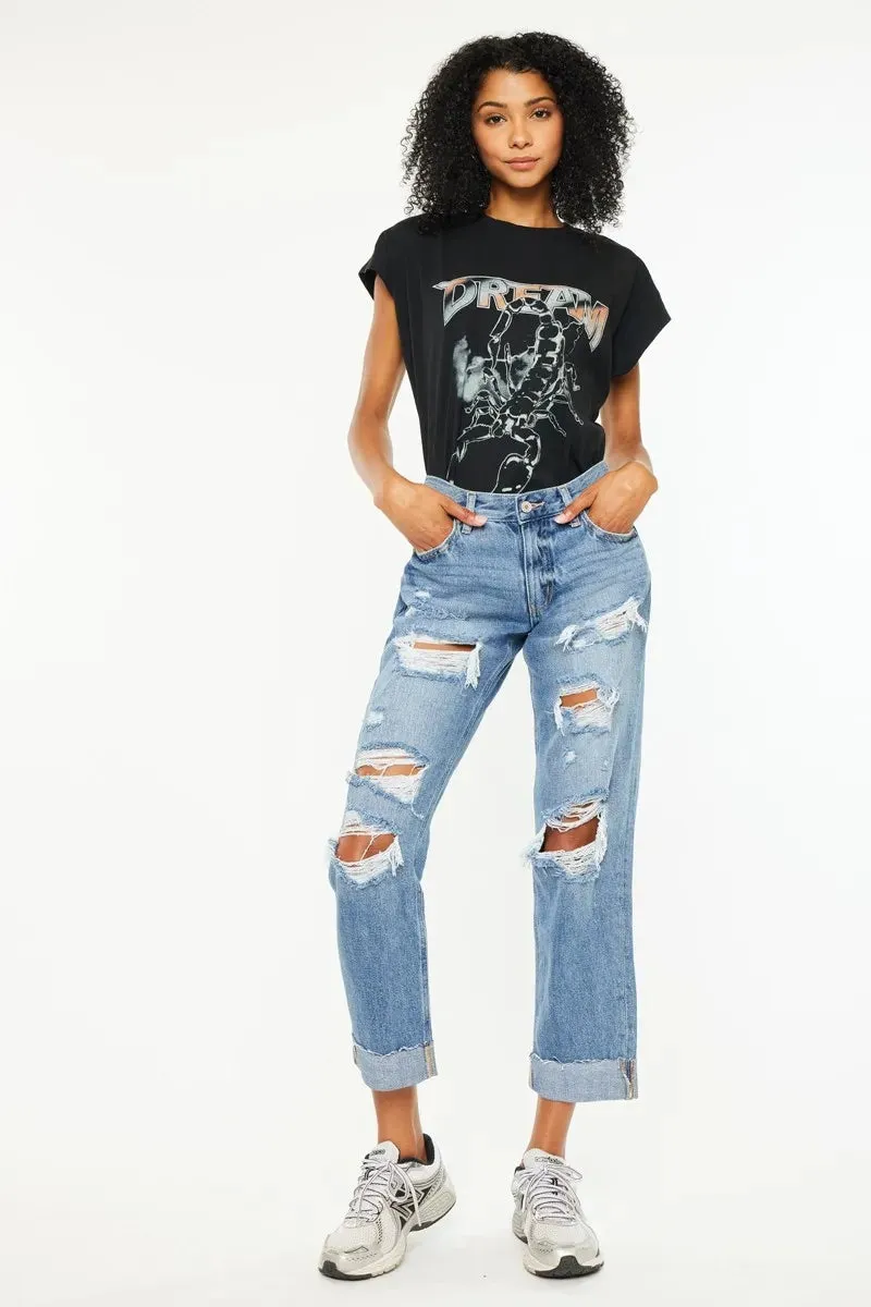Kancan Mid Rise Distressed Boyfriend Fit Jeans sold by Charming Charlie