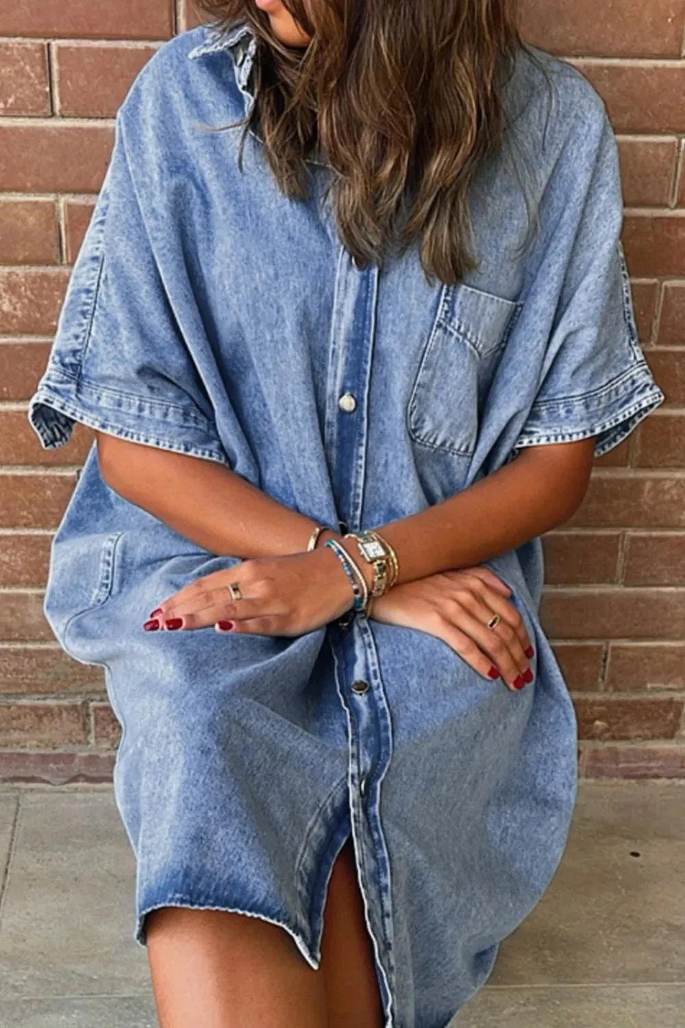 Oversized Button Down Denim Shirt Dress sold by Charming Charlie product image thumbnail 4