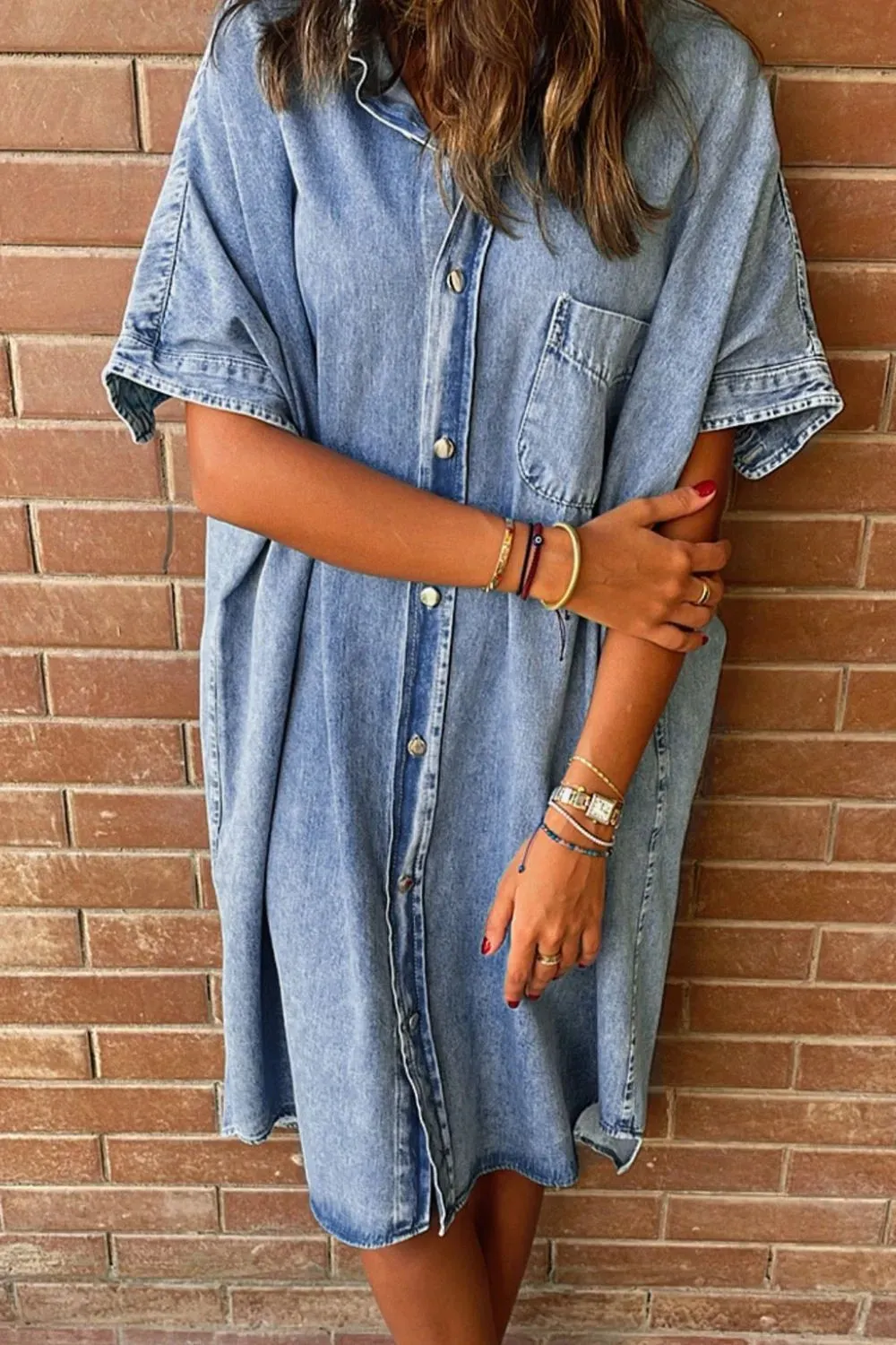 Oversized Button Down Denim Shirt Dress sold by Charming Charlie product image thumbnail 3
