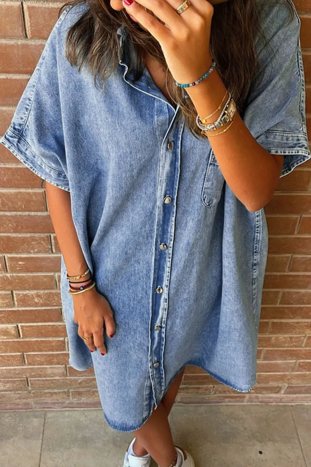 Oversized Button Down Denim Shirt Dress sold by Charming Charlie product image thumbnail 2
