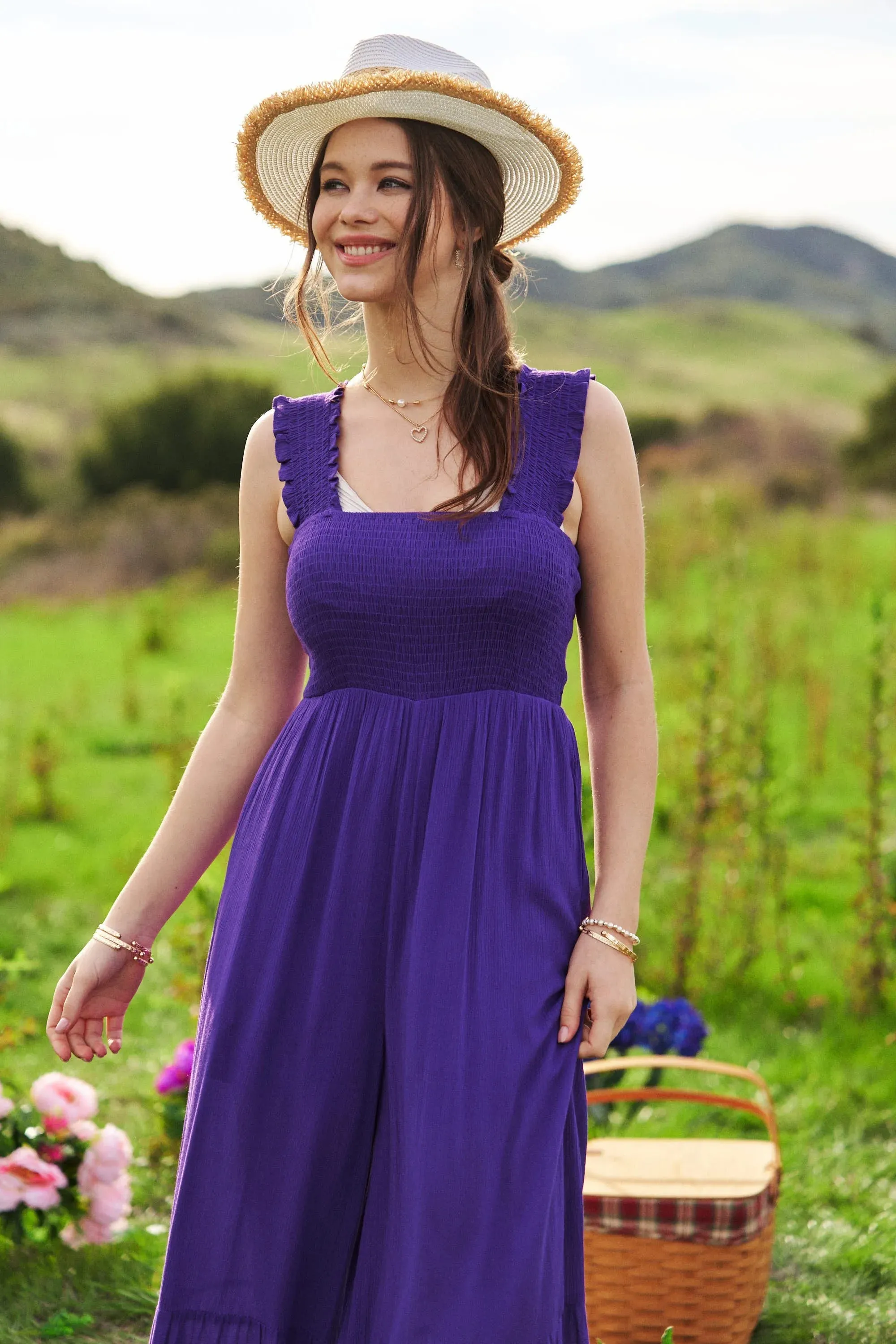 Davi & Dani Smocked Bodice Strap Ruffle Tie Belt Jumpsuit sold by Charming Charlie product image thumbnail 5