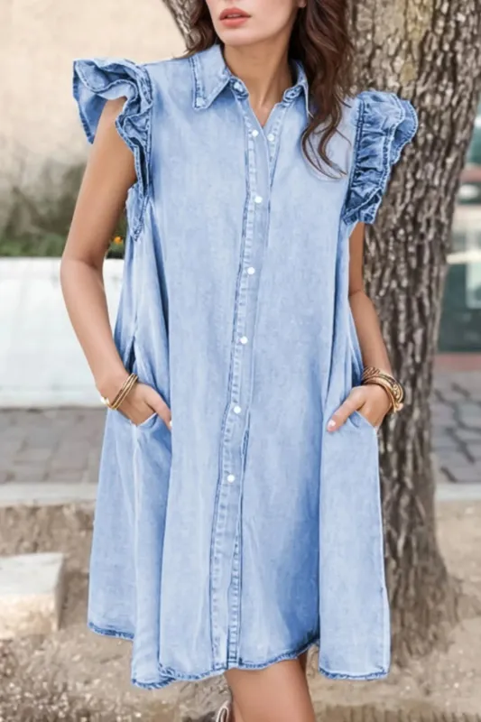 Ruffled Button Front Cap Sleeve Denim Dress sold by Charming Charlie