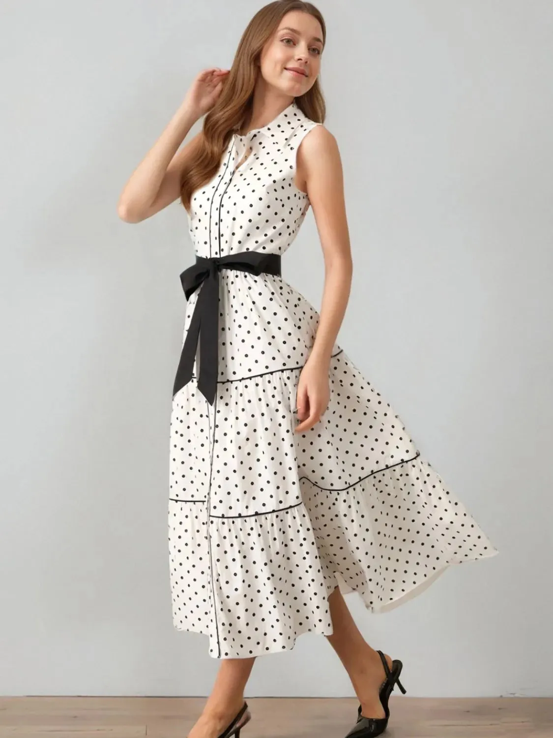 Polka Dot Sleeveless Midi Shirt Dress sold by Charming Charlie product image thumbnail 3