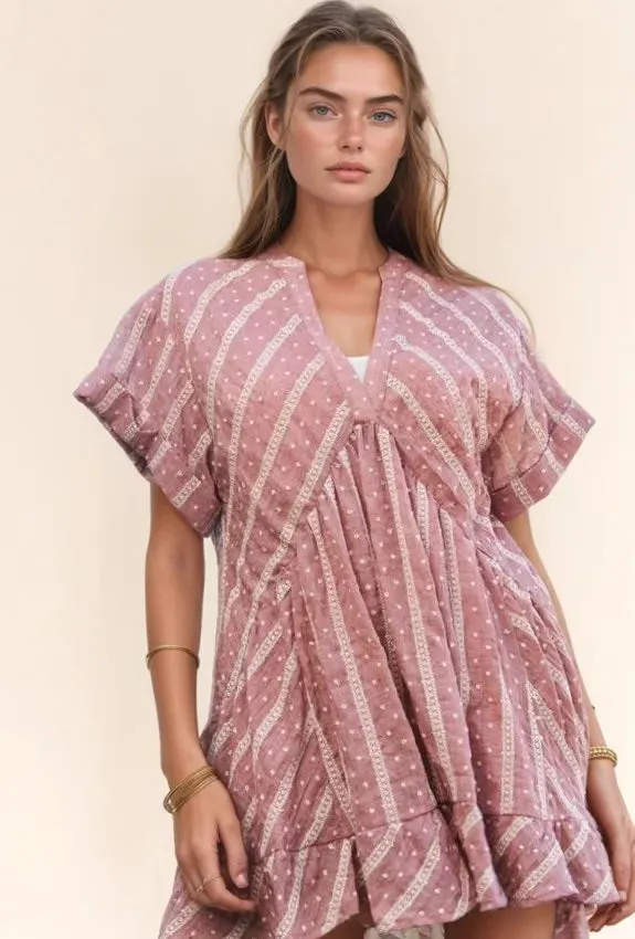 Davi & Dani Embroidery V Neck Short Sleeve Ruffled Mini Dress sold by Charming Charlie