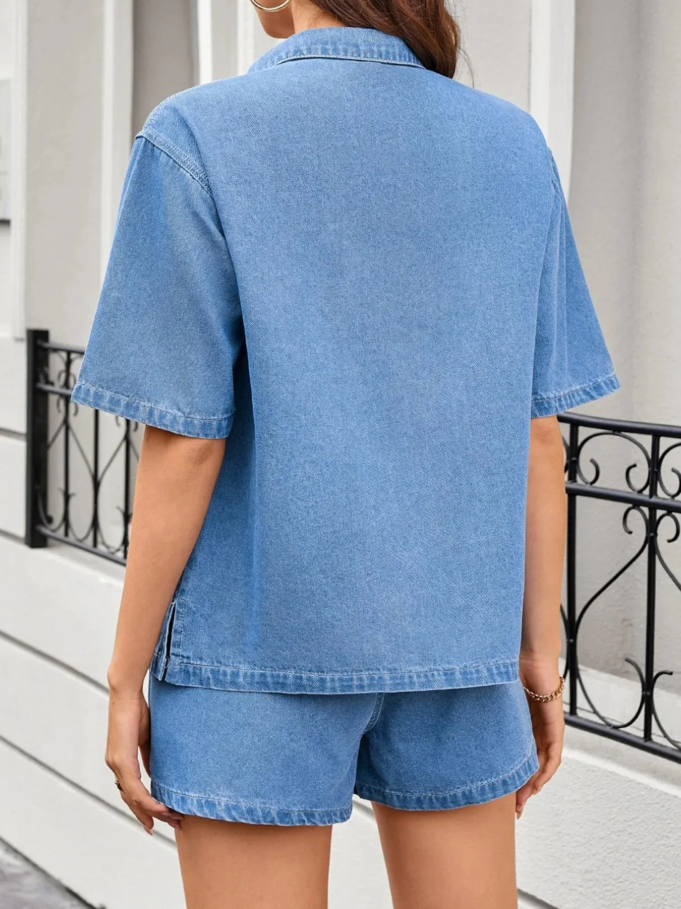 Casual Drop Shoulder Denim Shirt & Shorts Set sold by Charming Charlie product image thumbnail 2