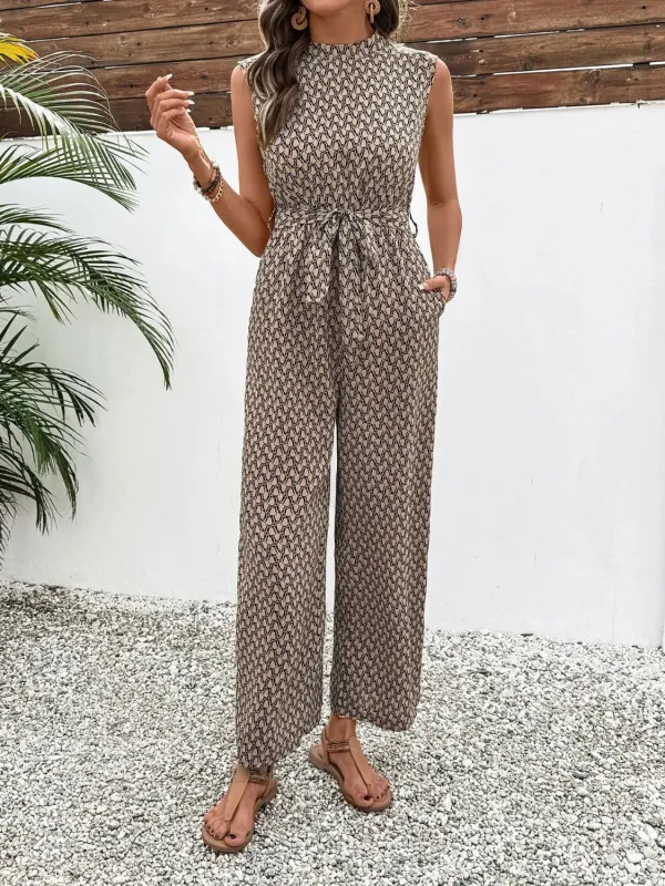 Printed Mock Neck Sleeveless Jumpsuit sold by Charming Charlie