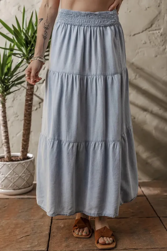 Tiered Wash Denim Maxi Skirt with Elastic Waist sold by Charming Charlie