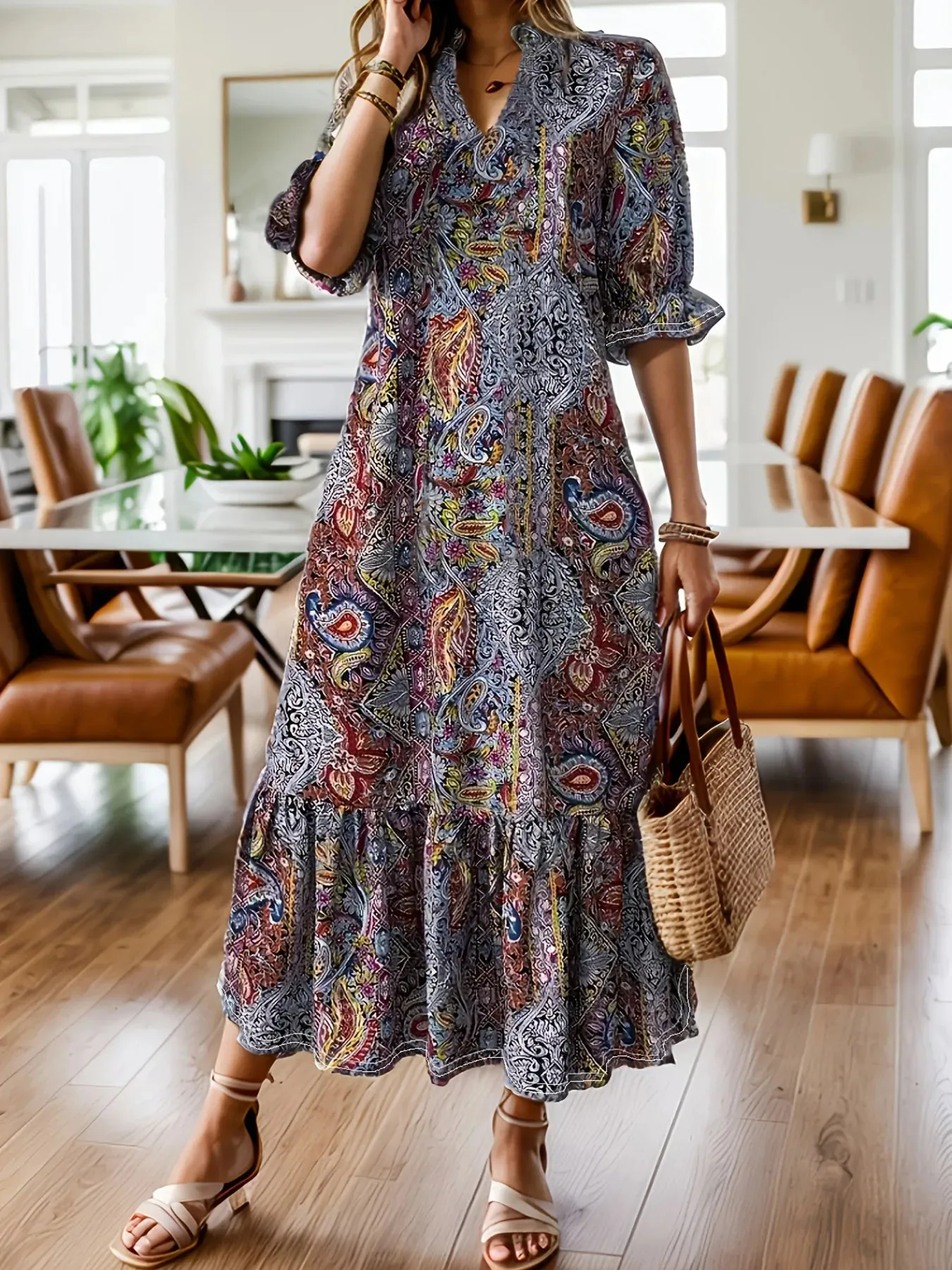 Full Size Bohemian Paisley Print Ruffle Hem Midi Dress Plus Size sold by Charming Charlie product image thumbnail 4
